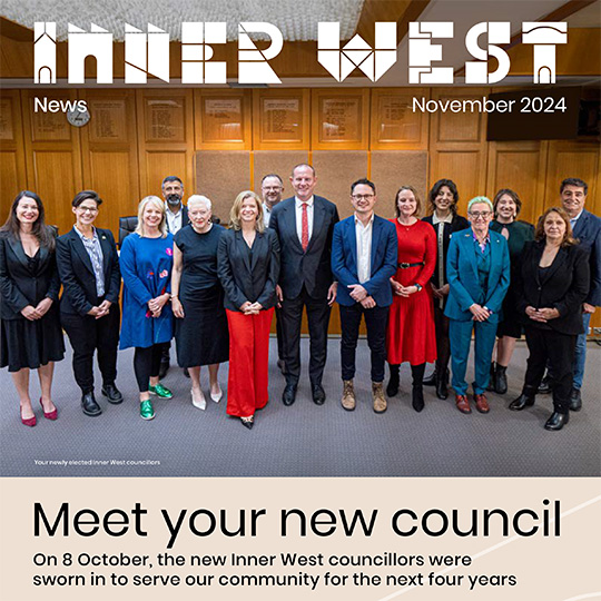 A cropped front page of a newsletter, featuring a group of people in a wood-panelled meeting room smiling. The title reads: Inner West Council News November 2024. The headline story underneath reads: Meet your new council